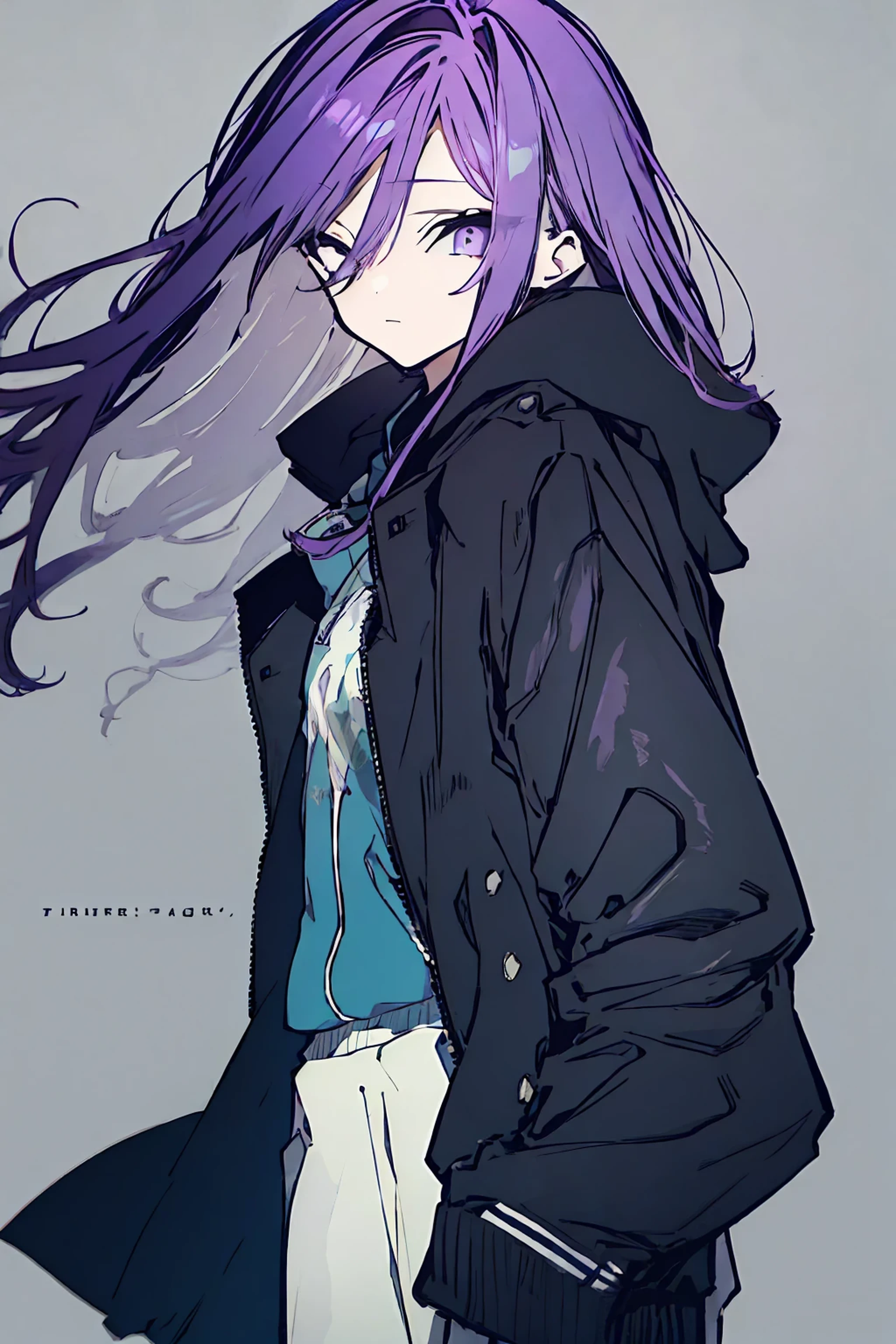 One Girl, Highest quality, Purple Hair、Black leather coat、Bright blue and white eyes、Determined eyes、depression、I'm thinking、About 15 years old、Dark clothing、The eyes are a little shiny、Long hair covering one eye