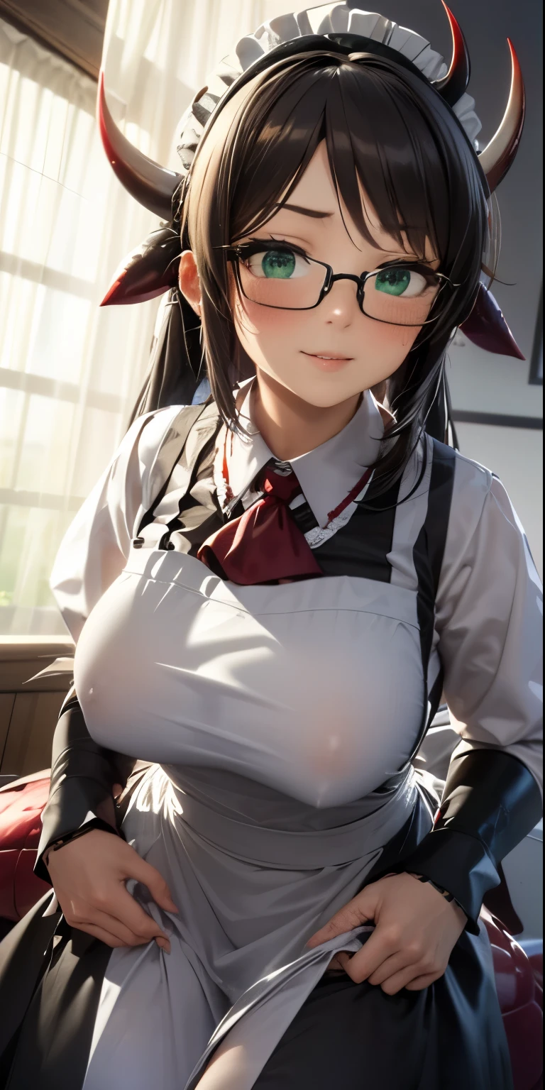1 Female,High definition,high resolution,Ultra-realistic,8K, 8K, House_Dragonmaid_YGO, 1girl, green eyes, black hair, long hair, dragon girl, dragon horns, black horns, multicolored horns,( dragon tail), dragon wings, collared dress, long dress, long sleeves, maid, maid apron, lace-trimmed apron, maid headdress, puffy long sleeves, puffy sleeves, res ascot, glasses, European,sexy,Upper body close-up,Photographed from the front,Dynamic Angles,(blush), (big tits), happy, wink the eye,facial, sweat , indoors, bedroom,bed,(wide thighs :1.4)
