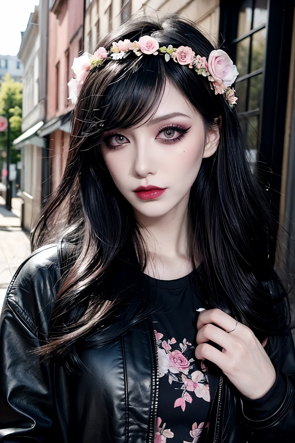 woman, black hair, goth, goth makeup, eyeliner, mascara, smoky eyes, eye shadow, black lips, pale skin, bedhead, pink floral wreath, jacket, black eyes, outdoors