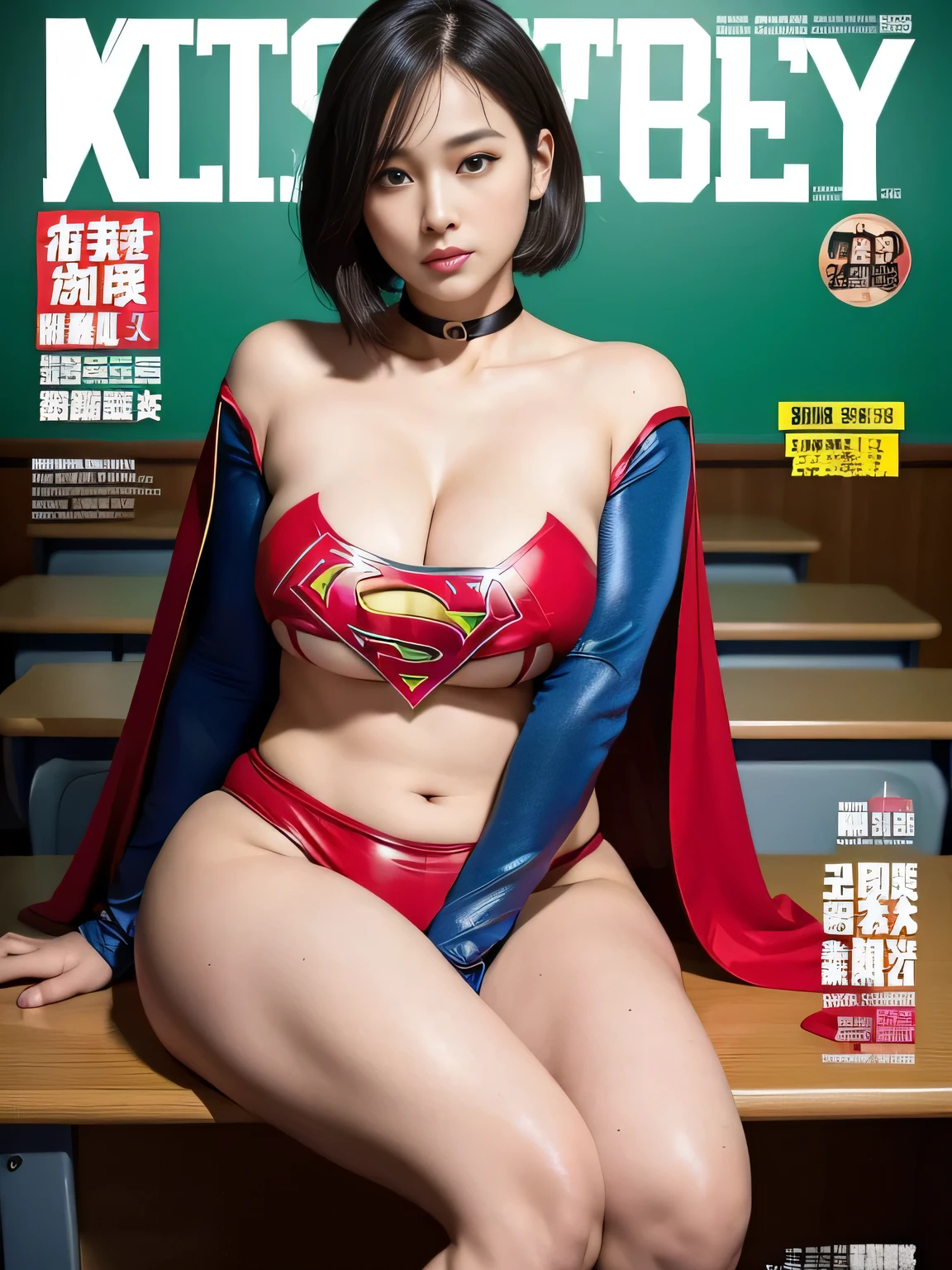 masterpiece、Rubber Supergirl Costume、Short Hair、On a desk in the classroom、Crisis situation、Big and ample breasts、looking at the camera、Shiny、Off the shoulder、choker、Long sleeve、exy poses to seduce、Sweaty skin、Model body type、Alluring、charm、Enchanting、Abused、test subject、victim、Wild、Photorealistic、latex、Expose your belly、athlete、High leg leotard、Photo magazine cover、Cape、Glamorous cleavage、barefoot、wallpaper for pc、