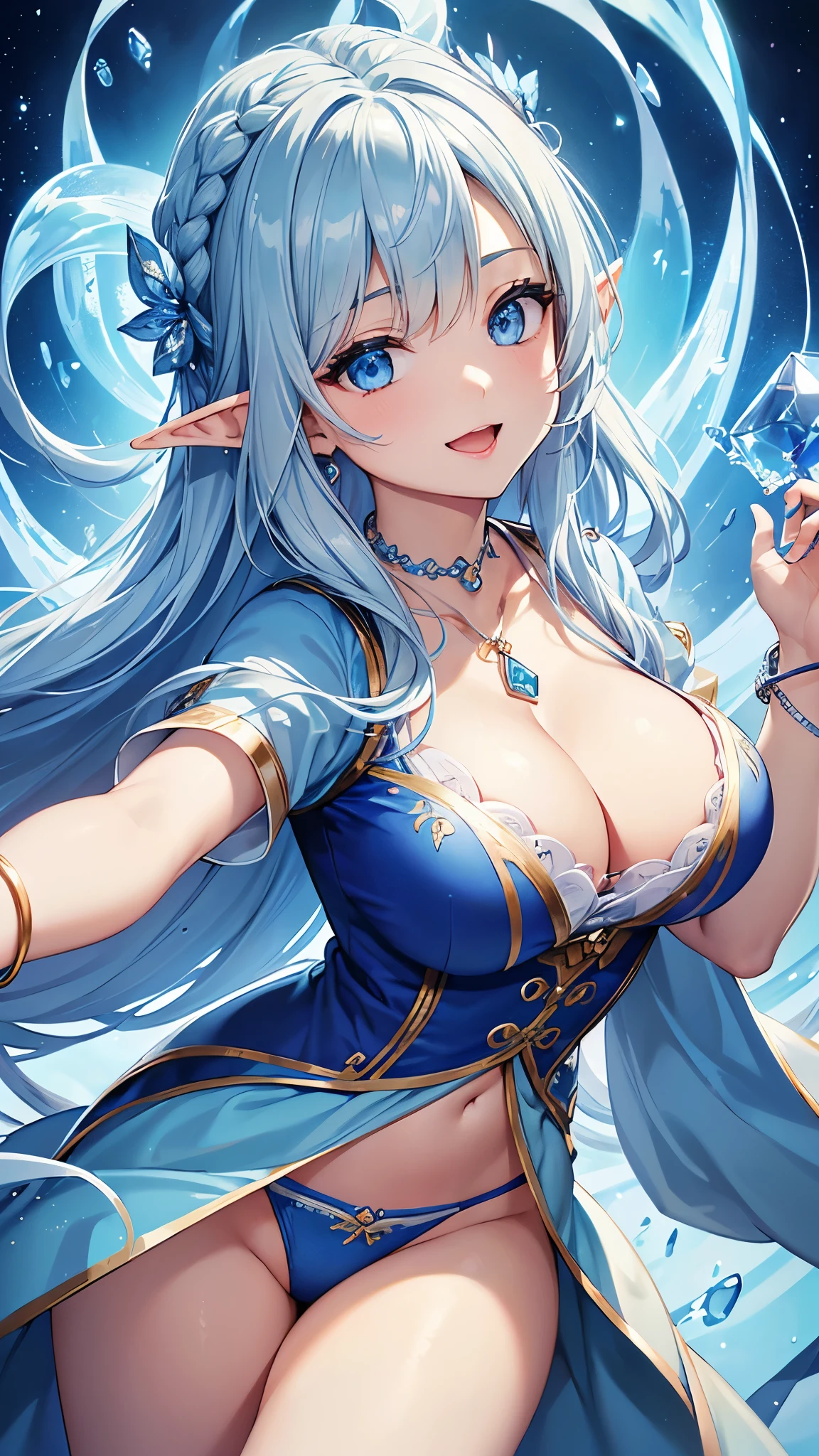 Highest quality、Highest quality、masterpiece、(8k resolution),beauty(Age 25)、(Mature Appearance)、Light blue long hair(Braiding of sides)、blue eyes、(Light blue underwear with detailed embroidery)、(Elf)、Big cleavage、((Very large breasts))、smile、blue necklace、Blue Earrings、background(ice)、Please open your mouth wide、bracelet、Dynamic pose、Blue choker、