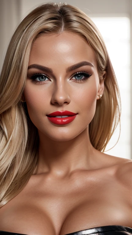 A realistic cinematic image of a blonde woman with big lips and big breasts,, soft lighting that highlights your face and body. His muscular arms and contoured abs are visible, perfect smile,with L Oreal style fashionable outfit with shiny eyeshadow striking black eyeliner and red lipstick the skin is smooth and radiant with healthy glow under soft lighting(( close-up no rosto))