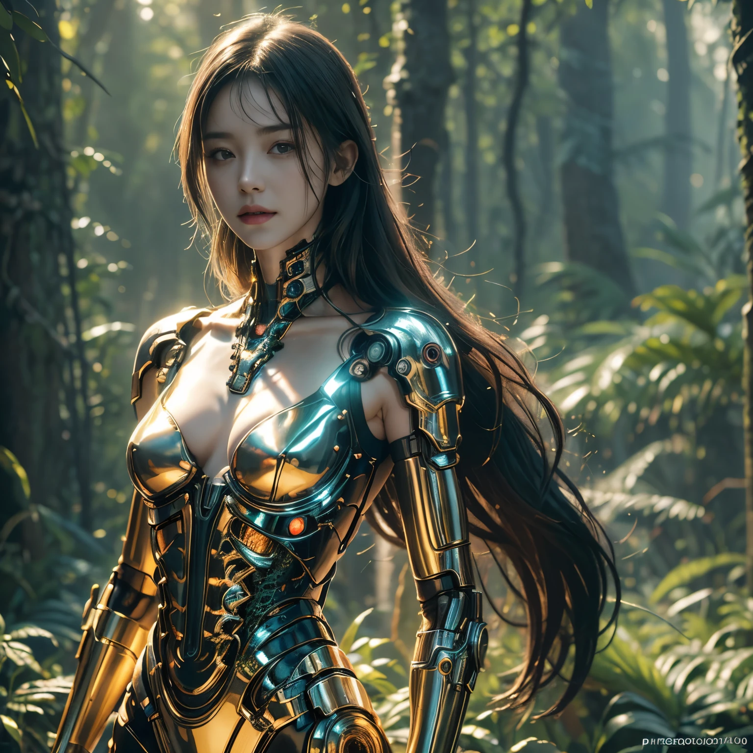 top quality, masterpiece, Ultra-High resolution, ((photorealistic: 1.4), raw photo, cyberpunk girl, shiny skin, mechanical girl, (Ultra realistic details)), mechanical vertebrae attached to the spine., mechanical cervical fixation to the neck, small bright LED lamps, global illumination, deep shadows, Octane rendering, 8k, ultra sharp, metal, Intricate ornament details, baroque details, Very intricate details, Realistic light, CGSoation Trend, in front of the camera, neon details, (In the hot summer forest). High resolution, hyperrealism, TRUE,