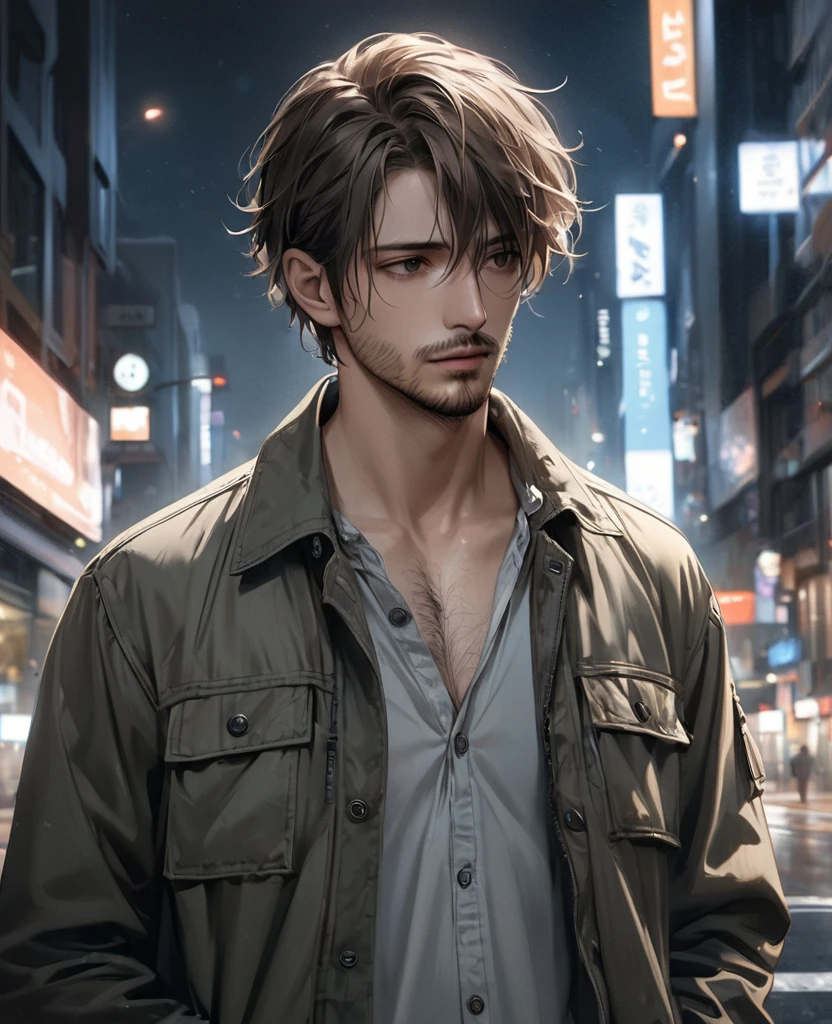 masterpiece, best quality, realistic, 1man, quiet young man, 21 years old, background: city at night, ((Dressed in grey military jacket)), shoulder length hair, dark brown hair, skinny, depressed look, full stubble facial hair, medium hair, unkempt appearence, messy hair, masculine features, toned but thin, stubble facial hair, looking worn down, caucasion, white boy, facial hair, stubble, beard stubble, not muscular, wearing button up underneath (not buttoned up all the way)
