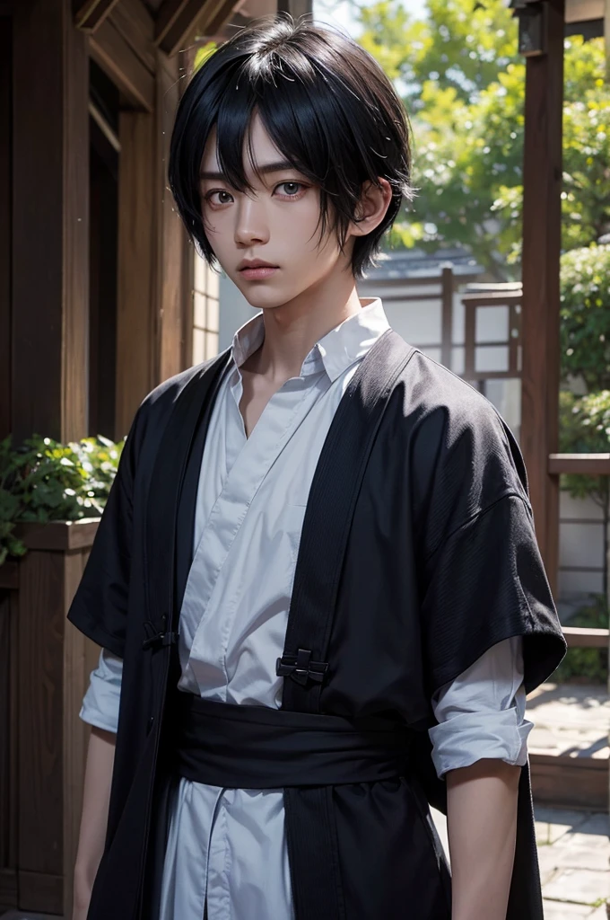 a young Japanese man of eighteen years of age, have fair skin, His eyes are blue and his hair is in an emo style with bangs covering part of his eye on the left side., the young man is six feet tall and two centimeters tall. captured in an ultra-realistic full HD 4K portrait, detailed texture showing its menacing shape, Immersive atmosphere, high definition shadow play, digitalpainting, nevoa no environment.