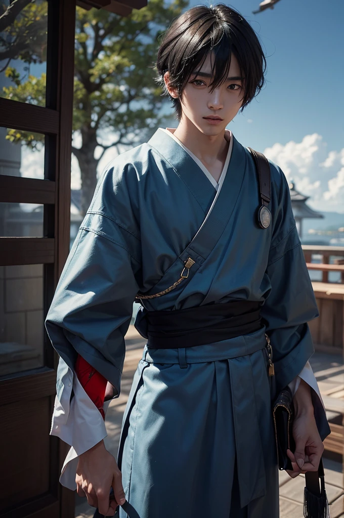 a young Japanese man of eighteen years of age, have fair skin, His eyes are blue and his hair is in an emo style with bangs covering part of his eye on the left side., the young man is six feet tall and two centimeters tall. captured in an ultra-realistic full HD 4K portrait, detailed texture showing its menacing shape, Immersive atmosphere, high definition shadow play, digitalpainting, nevoa no environment.