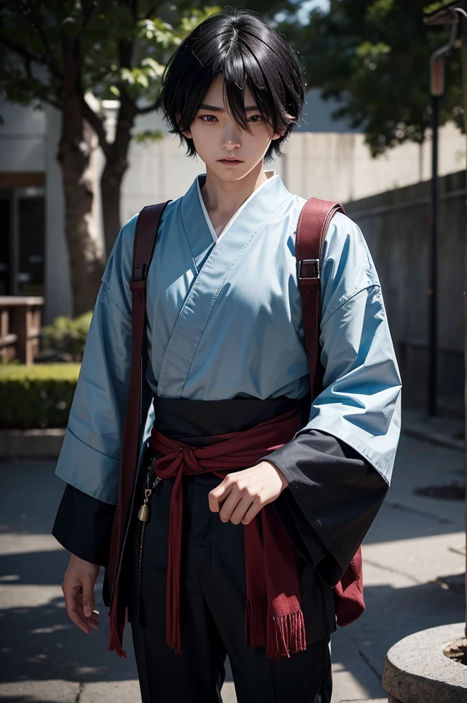 a young Japanese man of eighteen years of age, have fair skin, His eyes are blue and his hair is in an emo style with bangs covering part of his eye on the left side., the young man is six feet tall and two centimeters tall. captured in an ultra-realistic full HD 4K portrait, detailed texture showing its menacing shape, Immersive atmosphere, high definition shadow play, digitalpainting, nevoa no environment.