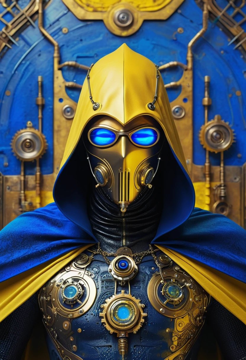 Hacked hooded dude in black cape, masked face high tech vaporpunk steampunk, man with steampunk implants, torso, futuristic vintage biomechanics, royal blue, golden yellow, blue and yellow painting with high relief texture, 4D, 8k, high tech, futuristic, ornamental photorealism
