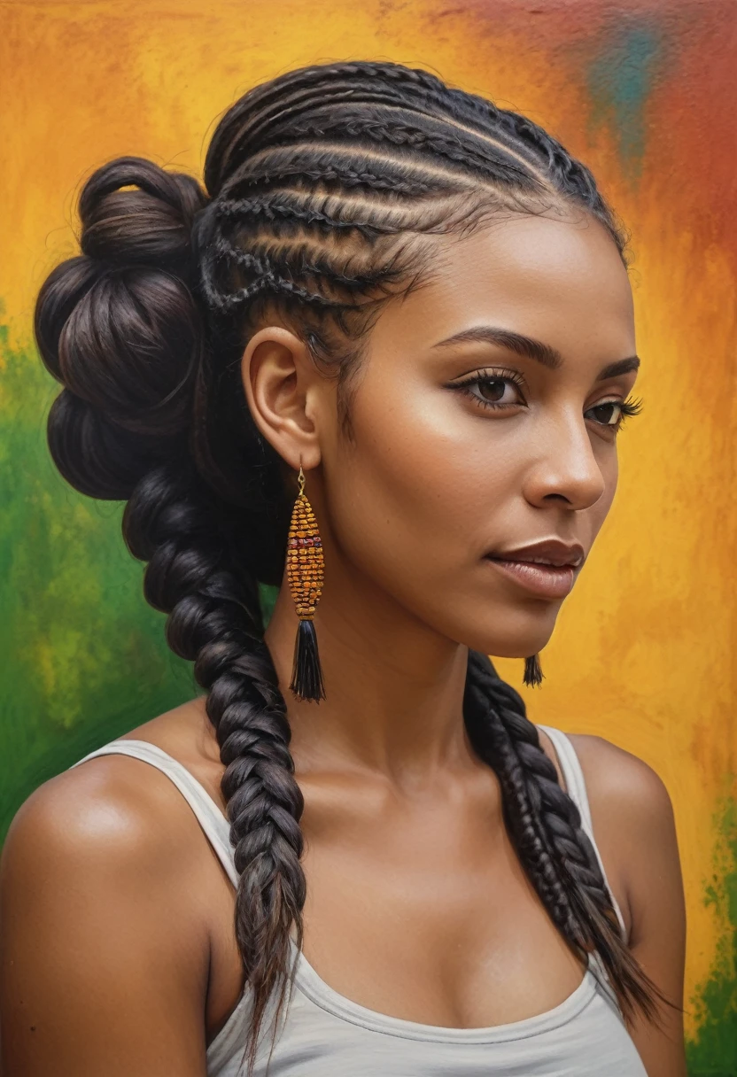 woman with braided amber hair tied back with leather thread, is painting on wall, notable Jamaican painter, reggae-inspired art, magik multi-dimensional, painting on a canvas, thick painting, THICK PAINT STROKE, good vibe energy, heavy oil painting, multi-media paint and spray airbrush, painting, artist -, Caribbean community drawing, exquisite details, oil-stick line art in the style of zeitgeist contemporary painting, highly stylized, a spanish caribbean woman with lush dark long style hair (realistic:1.3) ,outside, finely detailed, quality, (masterpiece:1.3) , (photorealistic:1.5) , (best quality) , (detailed skin:1.3) , micro pores eyelashes, (intricate details) , ray tracing, dramatic, 1 girl portrait, (Best Quality, HDR, raw),solo woman painting, ((dark amber hair)), exterior dreamy cumulus land, extraordinary, flowing evening, she's embracing air molecules, the background: she's hand-painting MURAL biological, painted background, Caribbean community(hand tinted amber), no makeup, natural, ethereal lovely, dark shadows and DEEP colors, messy hair, retro, Porta 160 color, shot on ARRI ALEXA 65, long depth of field, raw woman giving creative love, from paradise garden , ceremony, she's is lovingly giving Ultra-realistic, (photorealistic:1.5), Highly detailed, sunset RIM light, accents, best quality, masterpiece, woman, beautiful face, pleasing realistic photo, ((Anatomically correct proportions: 1.3)), paint brushes, ((perfectly proportion, beautiful woman) ), A detailed face, detailed eyes, Detailed fingers, detailed arms, Detailed skin