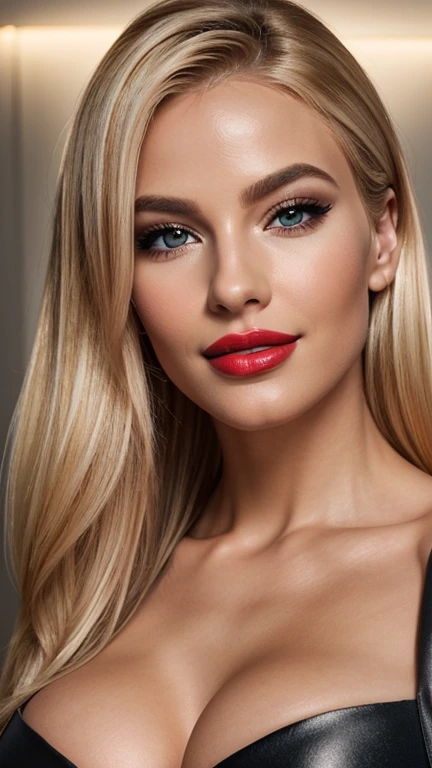 A realistic cinematic image of a blonde woman with big lips and ,, soft lighting that highlights your face and body. His muscular arms and contoured abs are visible, perfect smile,with L Oreal style fashionable outfit with shiny eyeshadow striking black eyeliner and red lipstick the skin is smooth and radiant with healthy glow under soft lighting(( close-up no rosto))