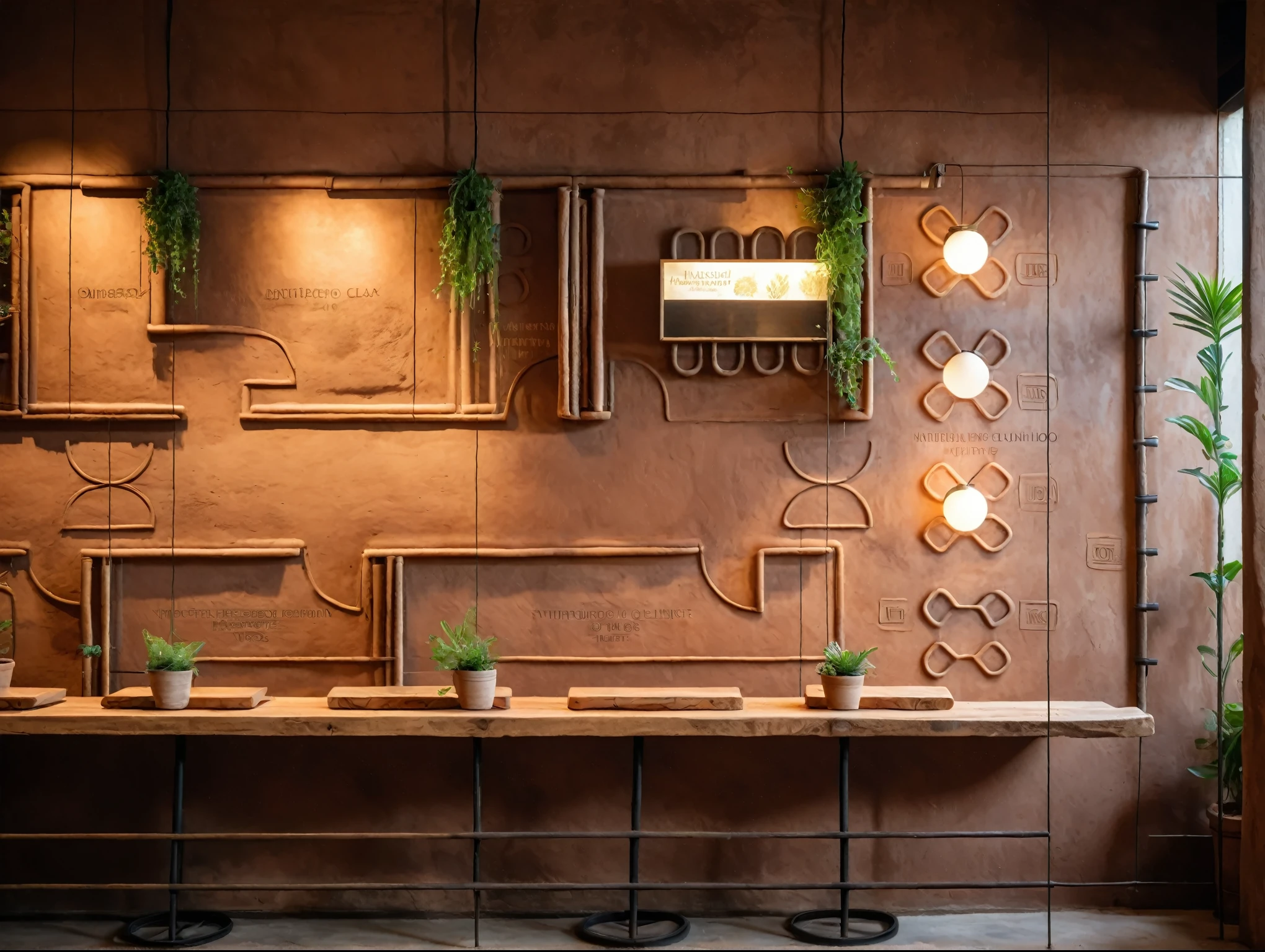 Restaurant interior, clay walls, natural clay columns, rustic wooden tables, rustic chairs, handcrafted look, natural textures, soft lighting, clay pendant lights, potted plants, greenery, cozy, welcoming,  masterpiece, (realistic:1.2) 8k uhd, dslr, soft lighting, high quality