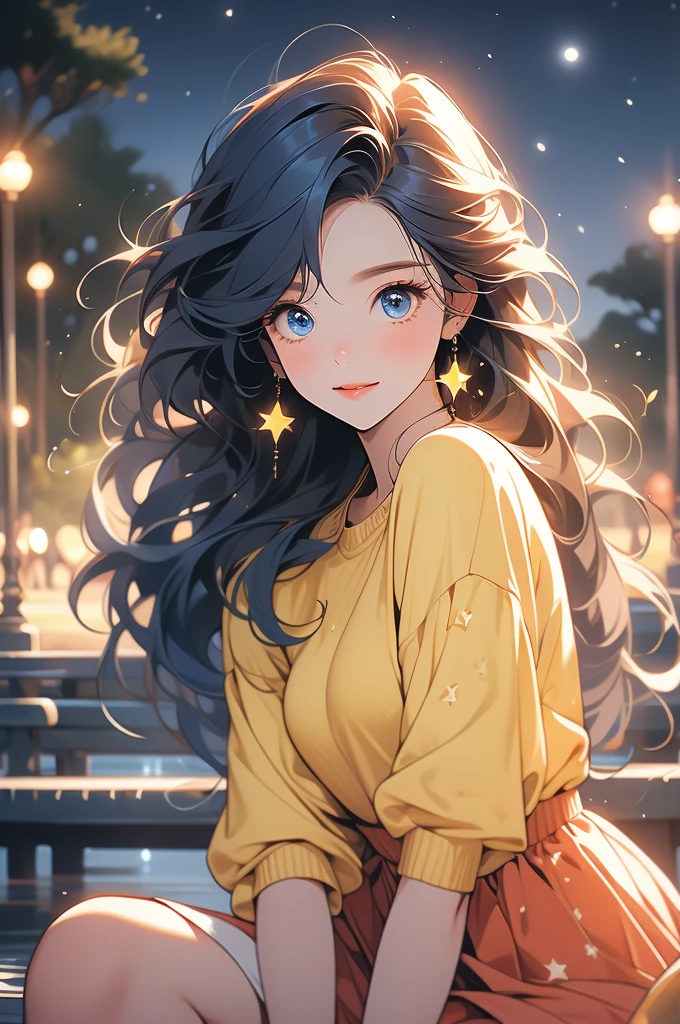 1 female,(Focus on face:1.15),(in the Park at night:1.2)red hair is fluttering,The moon is visible. Stars are visible,(wearing a blue and Yellow stripe Knit Fabric),(Longer sweaters),wearing a skirt,(cute),(upturned eyes),blue eyes,heart earrings,ring,nail art,red long hair,shooting star,smiling,Clear outline,High image quality,high resolution, high quality,4K