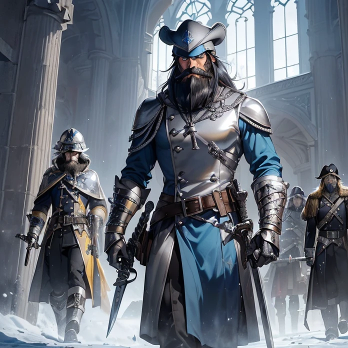 High Resolution, Masterpiece, fantasy genre, HD, High Quality, Backlighting, Overexposure, Optical Illusion, Silhouette, warhammer fantasy aesthetic
Anime Style, Digital Art, Multiple Views
{{((french soldier men-ar-arms: ((black beard, blue eyes, handsome elderly face), silver kettle-hat helmet, blue and yellow tunic, silver shoulder plates, silver elbow plates, silver steel belt, silver gauntlets(soldier long sword)), (training at the castle yard holding his sword and shield),(modern french castle, men-ar-arms walking around))}}