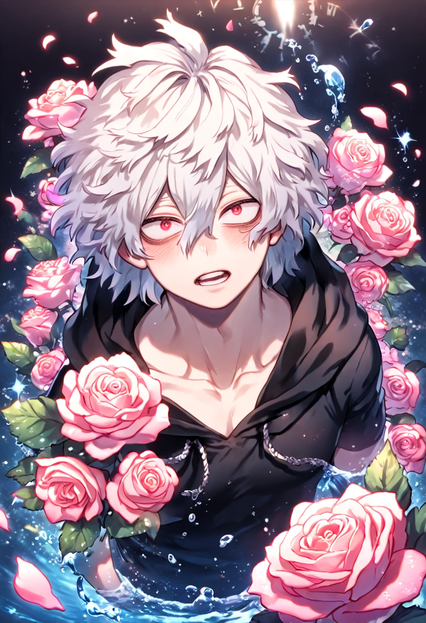 absurdres, highres, ultra detailed, HDR, masterpiece, extremely detailed, Shigaraki Tomura, white hair, expressive red eyes, Boku No Hero Academia, solo, sexy man, handsome, sensual, horny, black hooded coat, black T-shirt, water, magical, fantasy, glittering, shining, pink roses, blossoms, petals, in woderland, clock