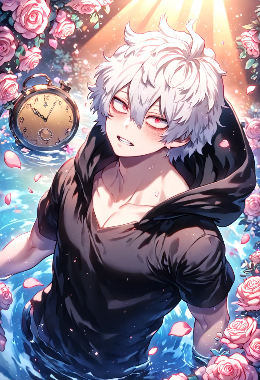 absurdres, highres, ultra detailed, HDR, masterpiece, extremely detailed, Shigaraki Tomura, white hair, expressive red eyes, Boku No Hero Academia, solo, sexy man, handsome, sensual, horny, black hooded coat, black T-shirt, water, magical, fantasy, glittering, shining, pink roses, blossoms, petals, in woderland, clock