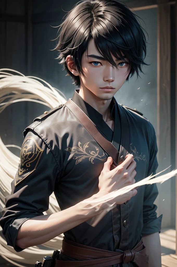 a young Japanese man of eighteen years of age, have fair skin, His eyes are blue and his hair is in an emo style with bangs covering part of his eye on the left side., the young man is six feet tall and two centimeters tall. captured in an ultra-realistic full HD 4K portrait, detailed texture showing its menacing shape, Immersive atmosphere, high definition shadow play, digitalpainting, nevoa no environment.