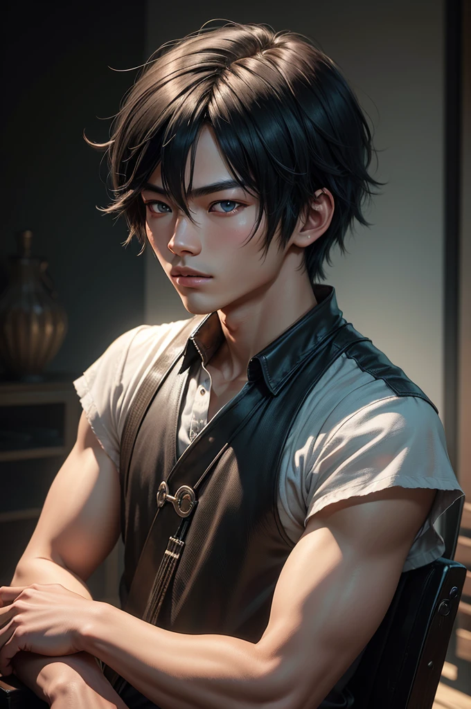 a young Japanese man of eighteen years of age, have fair skin, His eyes are blue and his hair is in an emo style with bangs covering part of his eye on the left side., the young man is six feet tall and two centimeters tall. captured in an ultra-realistic full HD 4K portrait, detailed texture showing its menacing shape, Immersive atmosphere, high definition shadow play, digitalpainting, nevoa no environment.