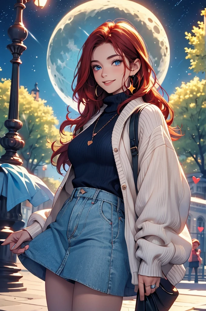 1 female,(Focus on face:1.15),(in the Park at night:1.2)red hair is fluttering,The moon is visible. Stars are visible,(wearing a  blue and Yellow stripe Knit Fabric),(Longer sweaters),wearing a skirt,(cute),(upturned eyes),blue eyes,heart earrings,ring,nail art,red long hair,shooting star,smiling,Clear outline,High image quality,high resolution, high quality,4K