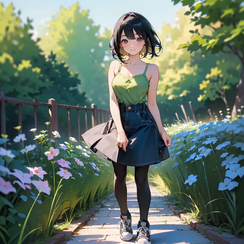 (high quality, High resolution, Very detailed, reality:1.37), Peaceful atmosphere, (Outdoor, garden), Teenage girl standing alone, (my breasts are big.), Beautiful details, Cute Smile, (Black bob hair), camisole, Denim skirt, Black tights, sneakers.