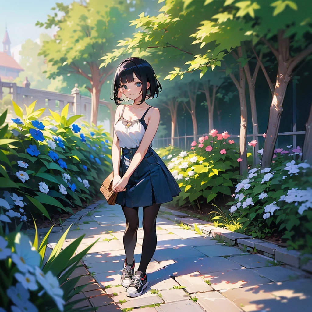 (high quality, High resolution, Very detailed, reality:1.37), Peaceful atmosphere, (Outdoor, garden), Teenage girl standing alone, (my breasts are big.), Beautiful details, Cute Smile, (Black bob hair), camisole, Denim skirt, Black tights, sneakers.