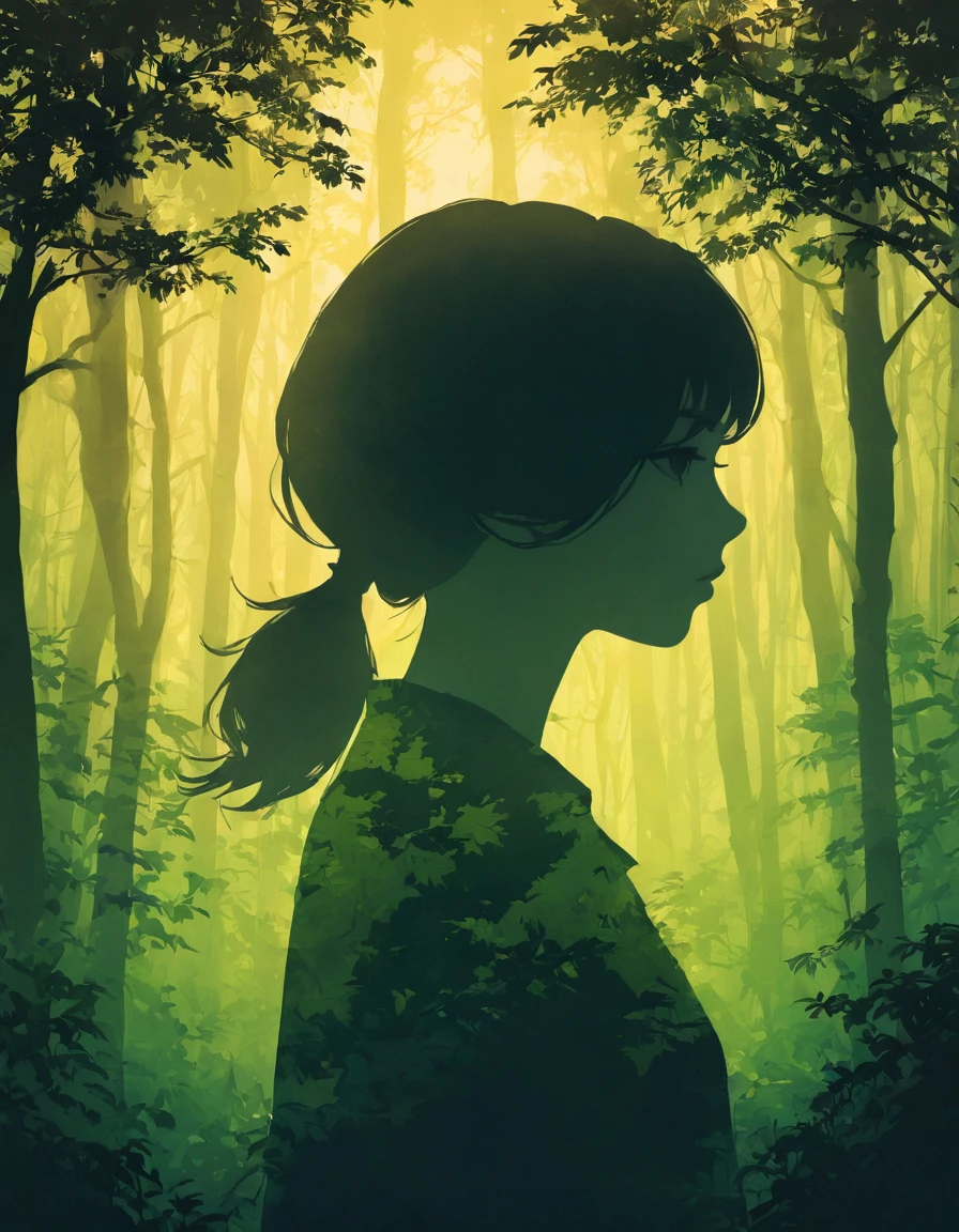 Silhouette of a girl, Lots of deep forests , close, Double Exposure, Please make the background a gradient、