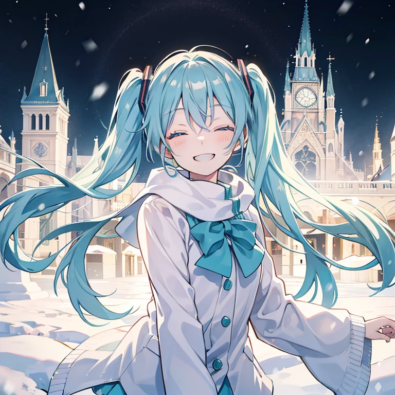 YukiMiku 2023, smile, closed eye, smile_eye, winter, floating, Town Square Background, the snow's, Face close-up, Beautiful lighting, Depth of written boundary, 8k wallpaper, sunset, With a lantern