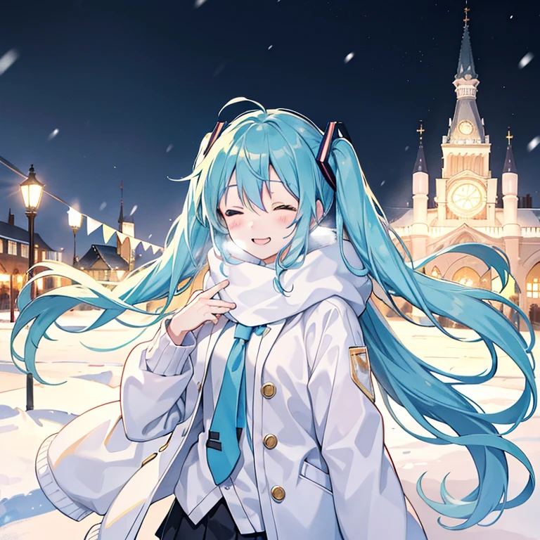 YukiMiku 2023, smile, closed eye, smile_eye, winter, floating, Town Square Background, the snow's, Face close-up, Beautiful lighting, Depth of written boundary, 8k wallpaper, sunset, With a lantern