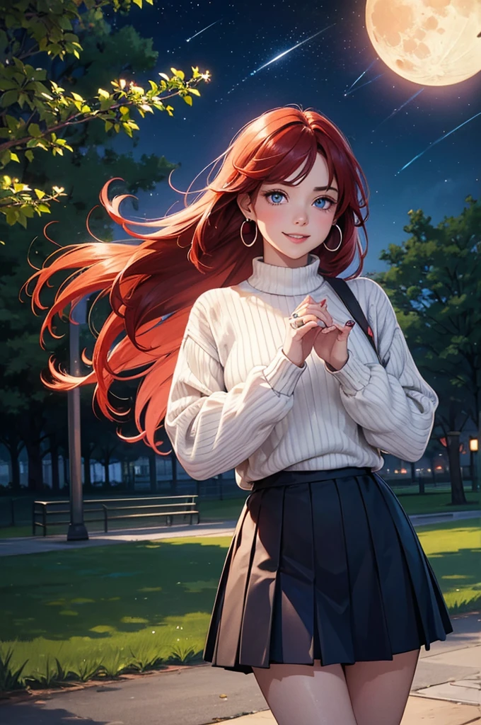 1 female,(Focus on face:1.15),(in the Park at night:1.2)red hair is fluttering,The moon is visible. Stars are visible,(wearing a blue and Yellow stripe Knit Fabric),(Longer sweaters),wearing a skirt,(cute),(upturned eyes),blue eyes,heart earrings,ring,nail art,red long hair,shooting star,smiling,Clear outline,High image quality,high resolution, high quality,4K