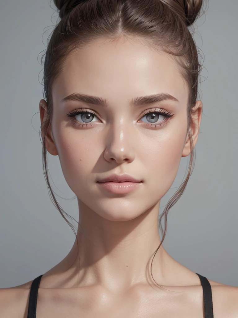 woman, face, facial symmetry, pink blush, front, caucasian, hair bun, skin details, pores, hyper realism, grey background