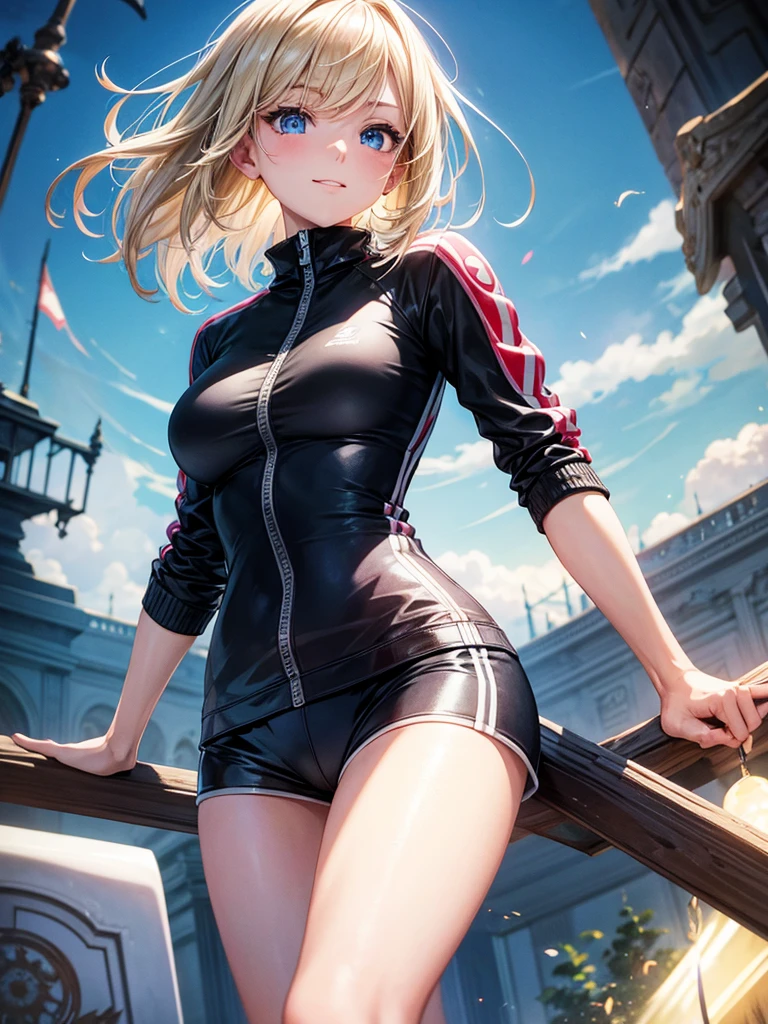 Anime style, super fine illustration, highly detailed, beautiful detailed, pale tone image, static representation, gentle expression, 8k, pretty 1girl with blonde straight short hair & blue eyes & a bright smile & full bust & soft fair skin is wearing the black skportswear  & sportshorts & sportsjaket in the park, in the morning, in the brilliant particles of lights, romantic stories, solo, perfect 5fingers, perfect arms, perfect legs, masterpiece.