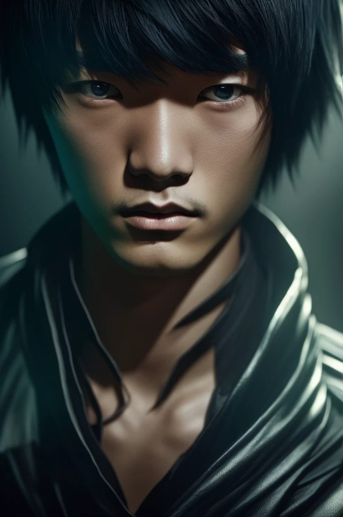 a young Japanese man of eighteen years of age, have fair skin, His eyes are blue and his hair is in an emo style with bangs covering part of his eye on the left side., the young man is six feet tall and two centimeters tall. captured in an ultra-realistic full HD 4K portrait, detailed texture showing its menacing shape, Immersive atmosphere, high definition shadow play, digitalpainting, nevoa no environment.