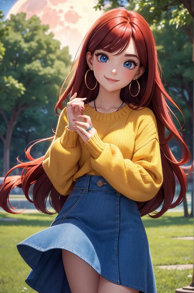 1 female,(Focus on face:1.15),(in the Park at night:1.2)red hair is fluttering,The moon is visible. Stars are visible,(wearing a blue and Yellow stripe Knit Fabric),(Longer sweaters),wearing a skirt,(cute),(upturned eyes),blue eyes,heart earrings,ring,nail art,red long hair,shooting star,smiling,Clear outline,High image quality,high resolution, high quality,4K