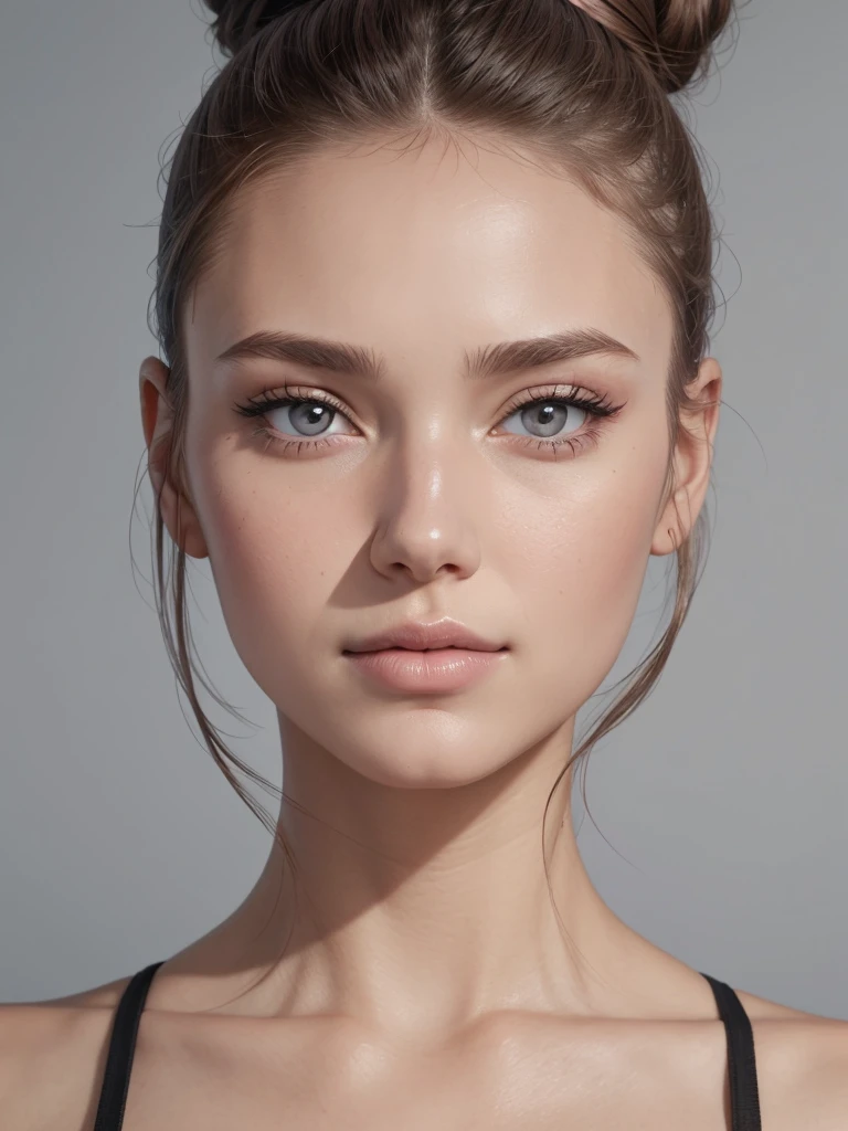 woman, face, facial symmetry, pink blush, front, caucasian, hair bun, skin details, pores, hyper realism, grey background