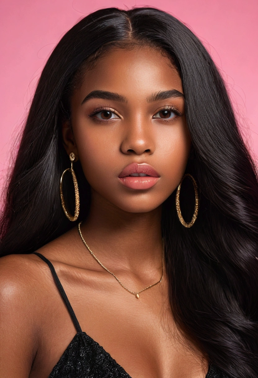 photography, Young Black female perfection, 18 ans, full glossy lips, long black hair, dark brown eyes, hyper realistic, 8k in Miami