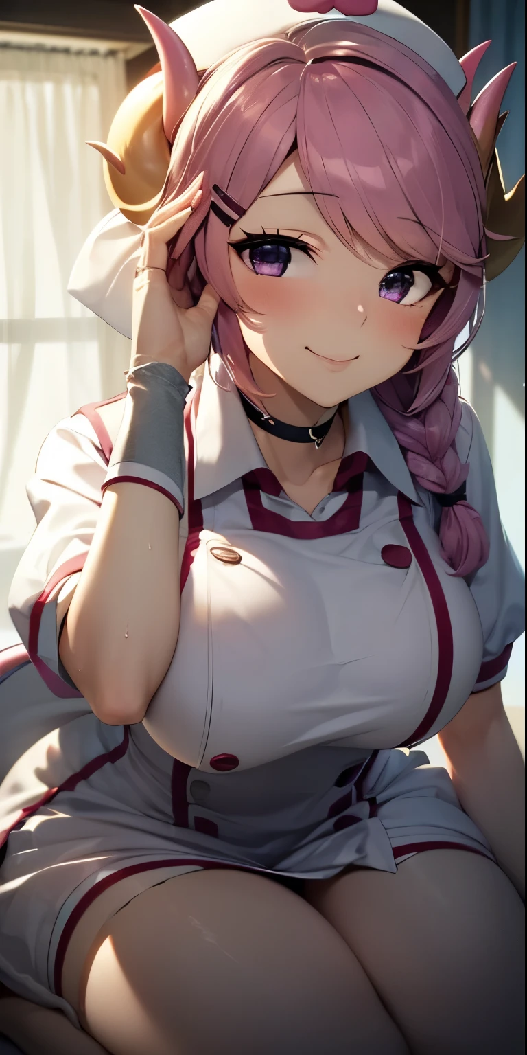 1 Female,High definition,high resolution,Ultra-realistic,8K, 8K, Nurse_Dragonmaid_YGO, 1girl, purple eyes, pink hair, braid, long hair, dragon girl, dragon horns, pink horns, ((dragon tail)), dress, fingerless gloves, hair ornament, hairclip, hat, nurse, nurse cap, white choker, puffy sleeves, short sleeves, light smile, arms up, wariza, sitting, European,sexy,Upper body close-up,Photographed from the front,Dynamic Angles,(blush), (big tits), happy, wink the eye,facial, sweat , indoors, bedroom,bed,(wide thighs :1.4)