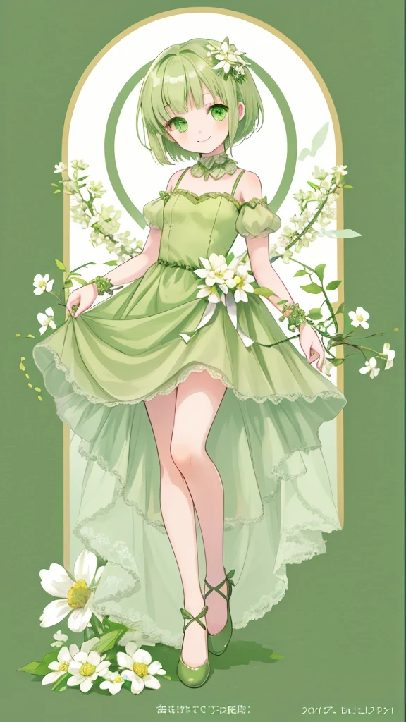 Green short hair girl full body picture, Green eyes, Small white flower hair accessories , Green dress , Short stature , smiling