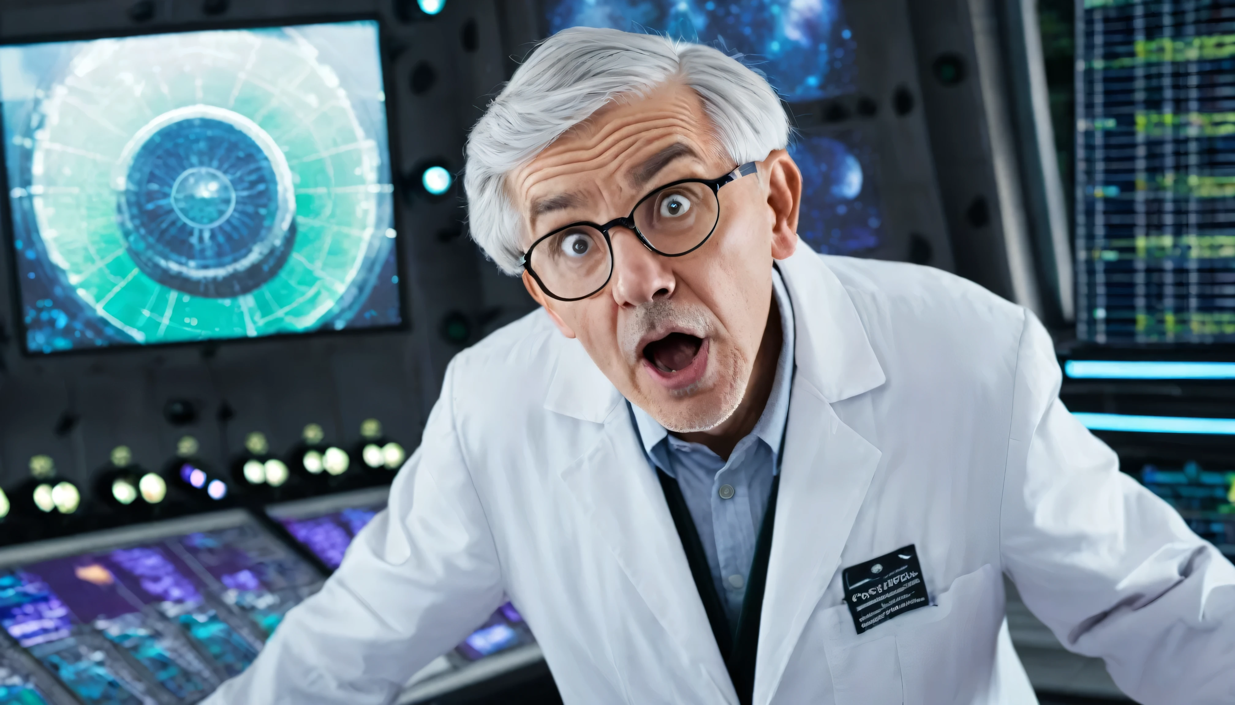 One old man with short grey hair dressed as a scientist, With a surprised look (1.2), In the background is a large scientific observatory with many large screens.