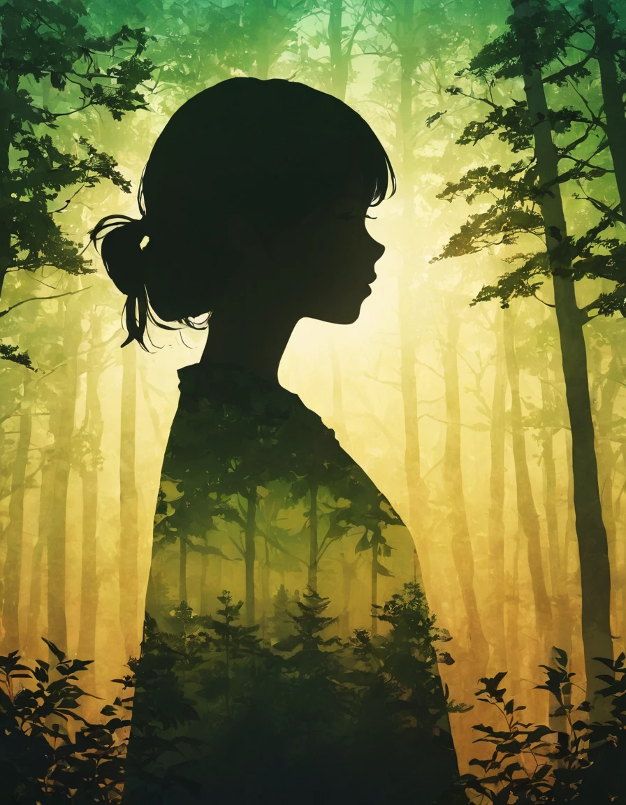 Silhouette of a girl, 深いforestの中、forest、close, Double Exposure, The background is a gradation、