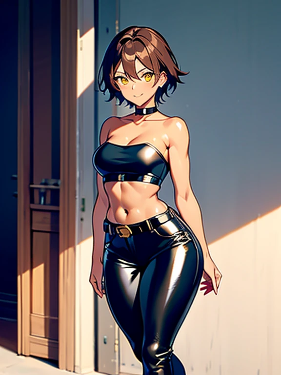 8K, (best quality, masterpiece:1.3), (detailed:1.2), 1girl, solo, 26 years old, tomboy, (shiny skin), (midriff:1.2), (tan-bronze skin), (Yellow eyes), short brown hair, medium breasts, (Cleavage), (Wearing: blue jacket, choker, Strapless black top, Belt, Black shiny leather pants), tight fitting clothing, piercings, toned, hourglass figure, athletic, snarky expression, wide smile, (agile physique:1.1), (Character Focus),Perfect Anatomy, Looking at Viewer
