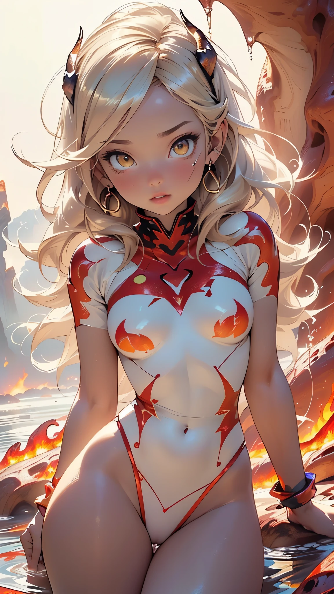 (((Olivia Dunne,Olivia Paige Dunne,Livvy Dunne))),flame girl,1girl,
(small breasts:1.4),((((blonde long hair)))),(((yellow_eyes:1.3))),intricate eyes,beautiful detailed eyes,symmetrical eyes,((((lustrous skin:1.5,tanned skin,bright skin: 1.5,skin tanned,shiny skin,very shiny skin,shiny body,Reflective skin)))),(spider lower abdomen,narrow waist,wide hip,athletic body,inflated legs,thick thighs,(detailed face)),beautiful detailed lips,
cute,slutty,sensual,seductive look,seductive,((erotic)),opulent,sumptuous,((nsfw)),
(((fire body, liquid lava, girl with lava body, prismatic fire, lava details, liquid lava covering her body, sun goddess, fire,thong, tattoos,(powerful aura), Flame elements, Incarnation of the Flame, Humanoid Flame, the body is on fire (flames in the body: 1.4),))),revealing clothing,show skin,cleavage,((red leotard)),(((barefoot))),
(flirtatious pose:1.3), looking at viewer,embarrassed,centered,scale to fit dimensions,Rule of thirds,
((red and white background of a waterfall, red lava rivers, bright red lava flows, bloody river in hell, narrow red lava rivers, red fluid, bottom of a lava river, bright red veins, turbulent blood lake, flowing lava, rivers of lava, streams of bright hot lava, rivers of blood)),scenery:1.25,((intricate scenery)),
(Glossy fire ornaments),highres,sharp focus,(ultra detailed,extremely detailed),(photorealistic artwork:1.37),(extremely detailed CG unity 8k wallpaper),(((vibrant colors,vibrant theme))),(intricate),(masterpiece),(best quality),artistic photography,(photography taken by sldr),(intricate background),perfect rendered face,perfect face details,realistic face,photo realistic,((intricate detail)),(((realism))),