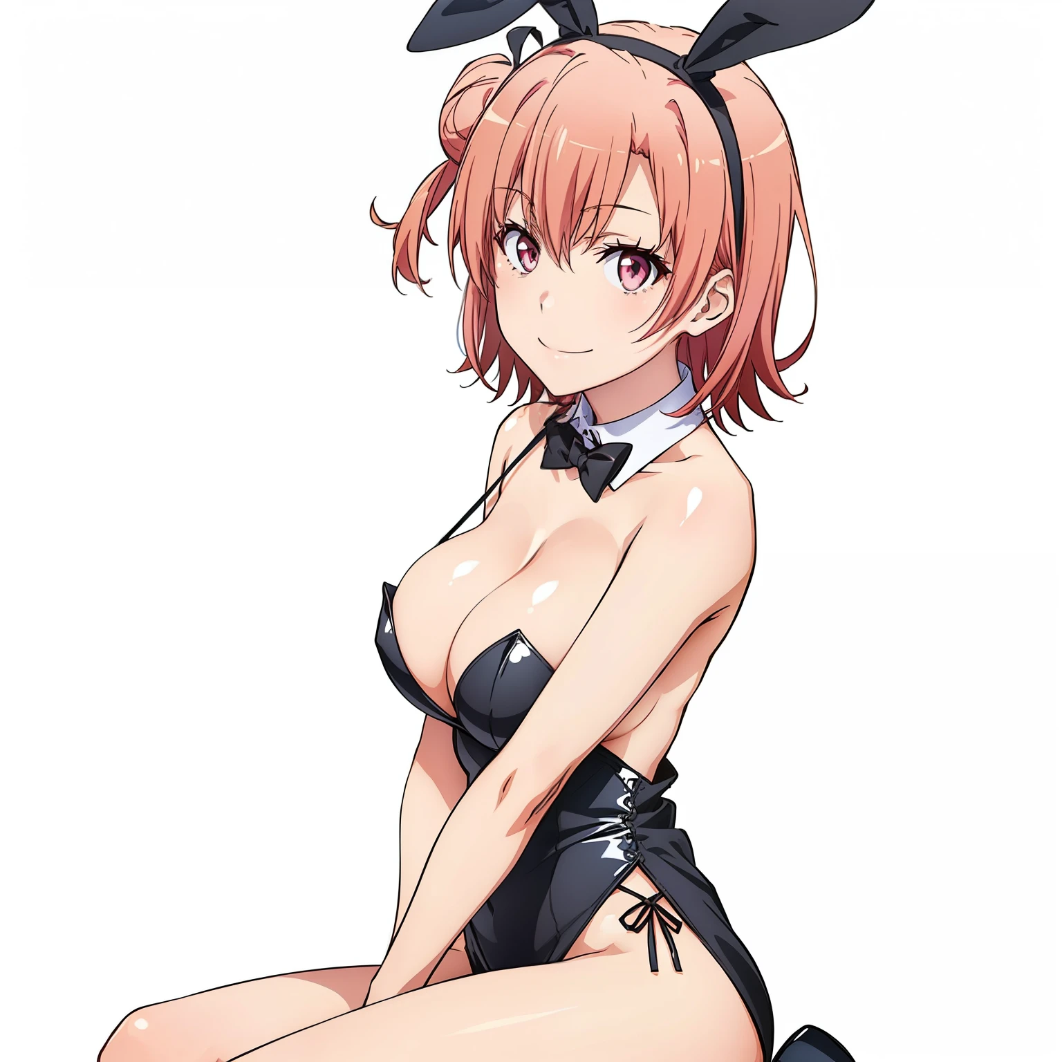 ((masutepiece, Best Quality, hight resolution, nffsw, Perfect Pixel, depth of fields, 4K, )), 1girl in, Solo, , Beautiful anime girl, Beautiful Art Style, close up, Looking at Viewer, Perfect body, side shot, Yuigahama Yui, Short hair, pink hair, pink eyes, hairbun, (large boob), side boob, sitting, black playboy bunny outfit, smile, hands on thighs, blank white background, shot from the waist up