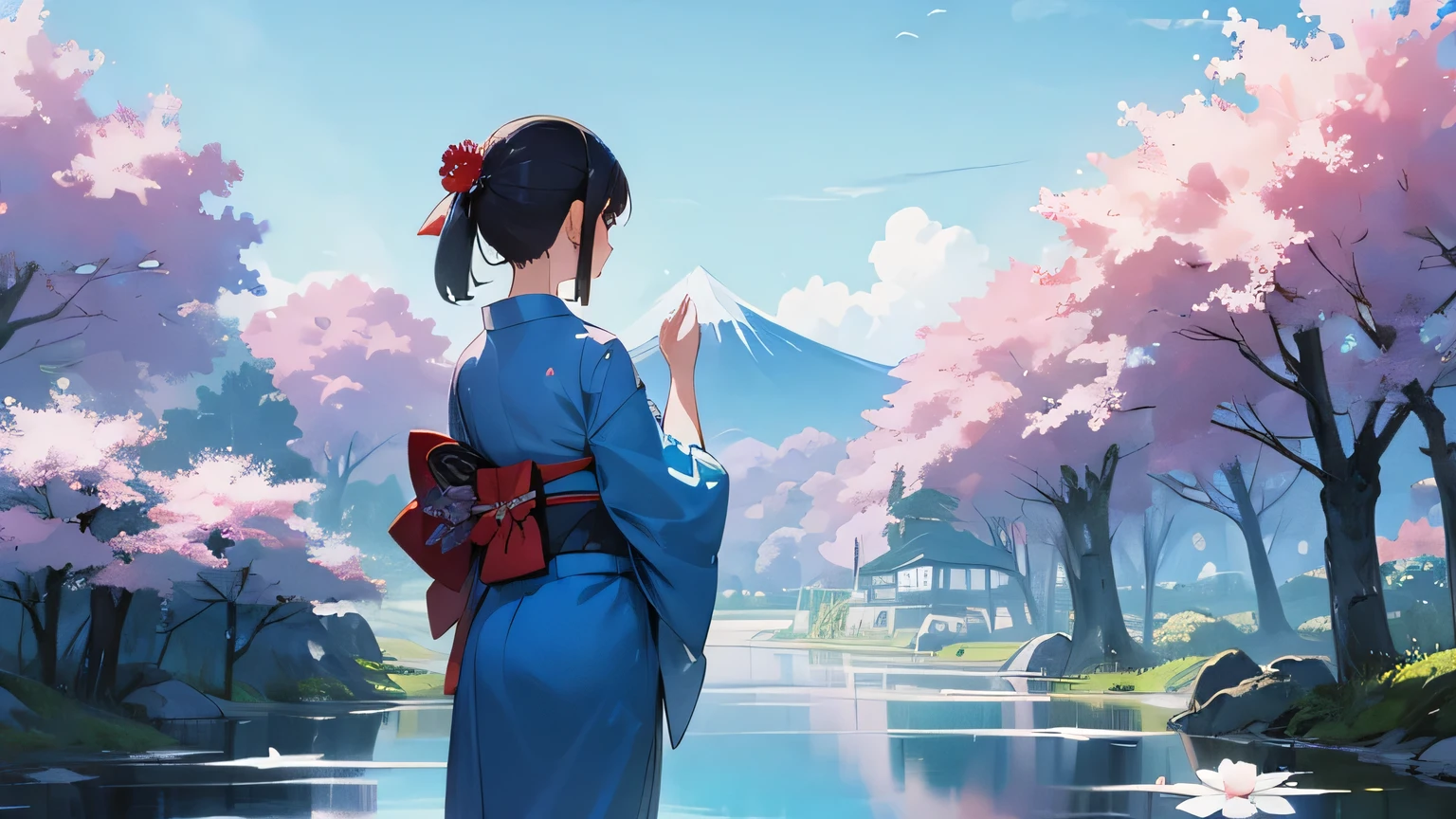 japan, nature, summer,blue sky,kimono,girl,back view