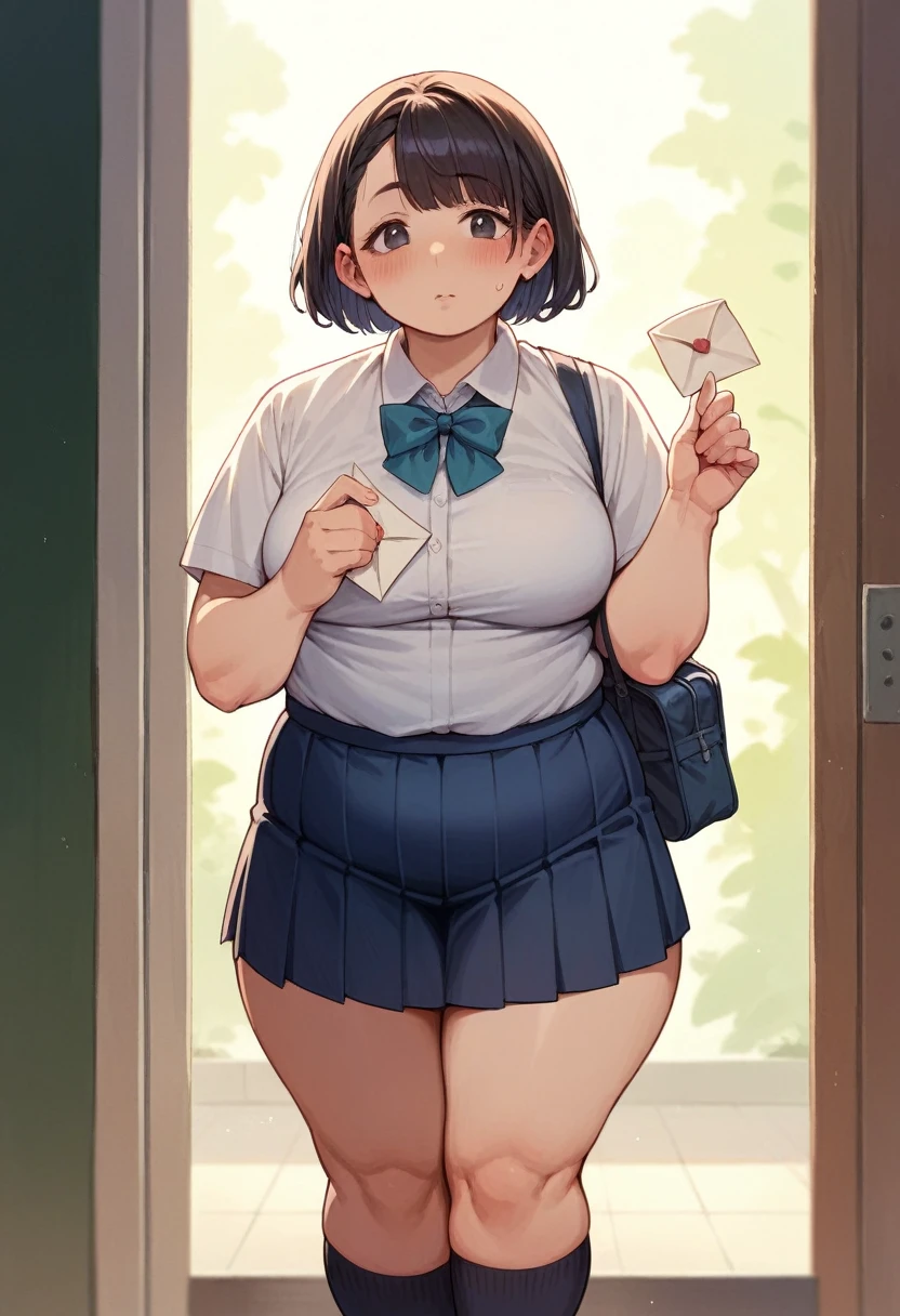 chubby woman, school clothes, blushful, holding a love letter to the viewers