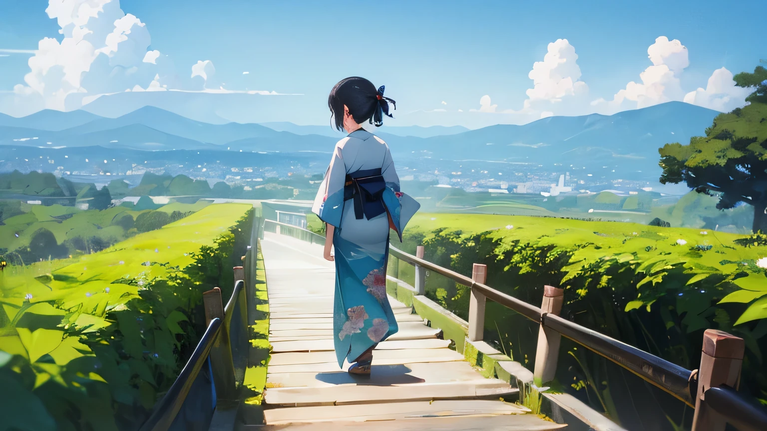 japan, nature, summer,blue sky,kimono,girl,back view