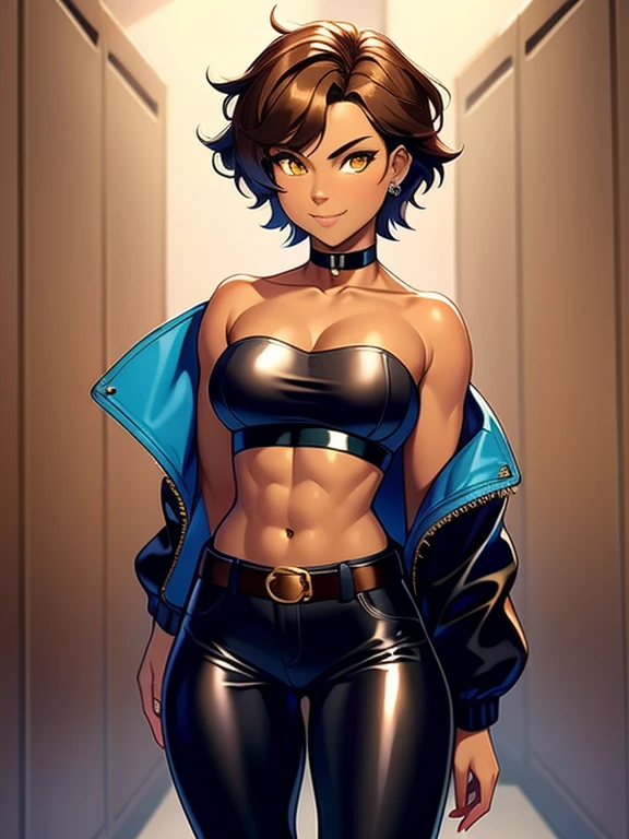 8K, (best quality, masterpiece:1.3), (detailed:1.2), 1girl, solo, 26 years old, tomboy, (shiny skin), (midriff:1.2), (tan-bronze skin), (Yellow eyes), short brown hair, medium breasts, (Cleavage), (Wearing: blue jacket, choker, Strapless black top, Belt, Black shiny leather pants), tight fitting clothing, piercings, toned, hourglass figure, athletic, snarky expression, wide smile, (agile physique:1.1), (Character Focus),Perfect Anatomy, Looking at Viewer
