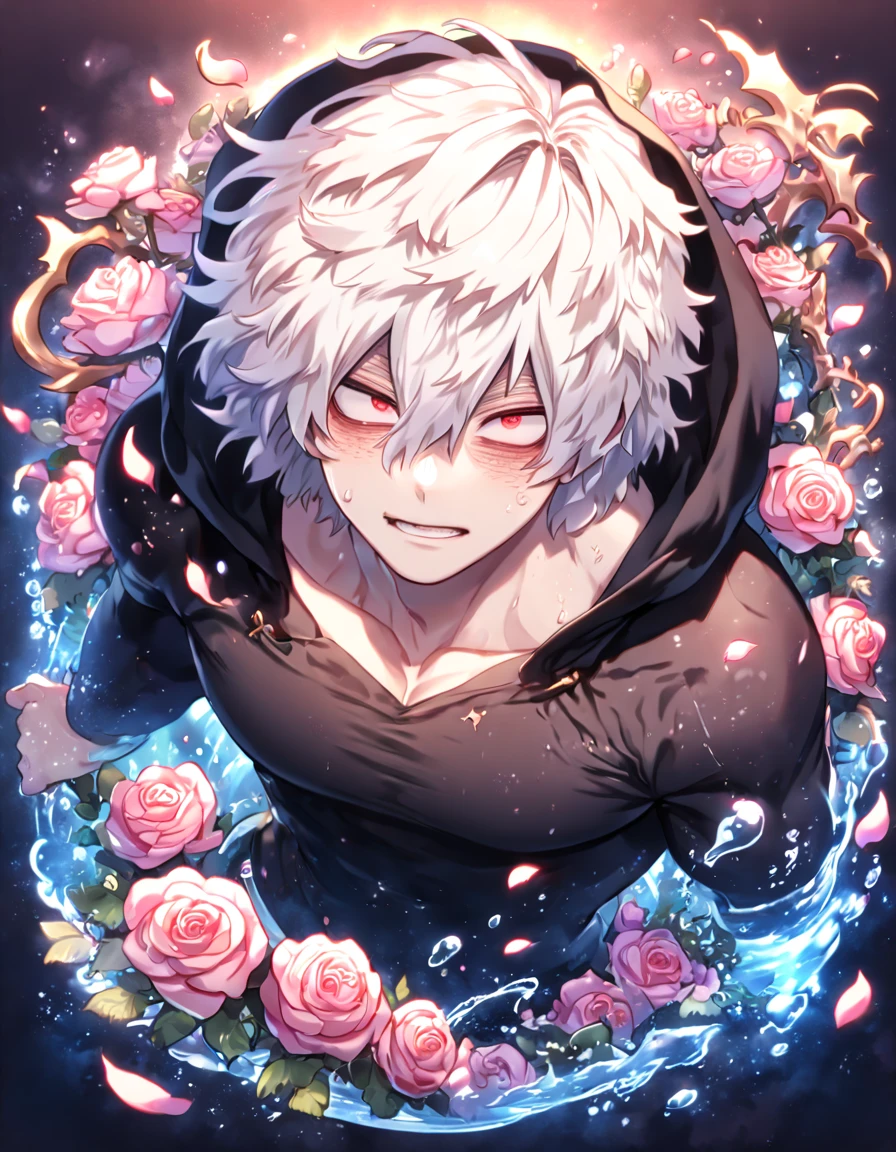 absurdres, highres, ultra detailed, HDR, masterpiece, extremely detailed, Shigaraki Tomura, white hair, expressive red eyes, Boku No Hero Academia, solo, sexy man, handsome, sensual, horny, black hooded coat, black T-shirt, water, magical, fantasy, glittering, shining, pink roses, blossoms, petals, in woderland, clock, manly man