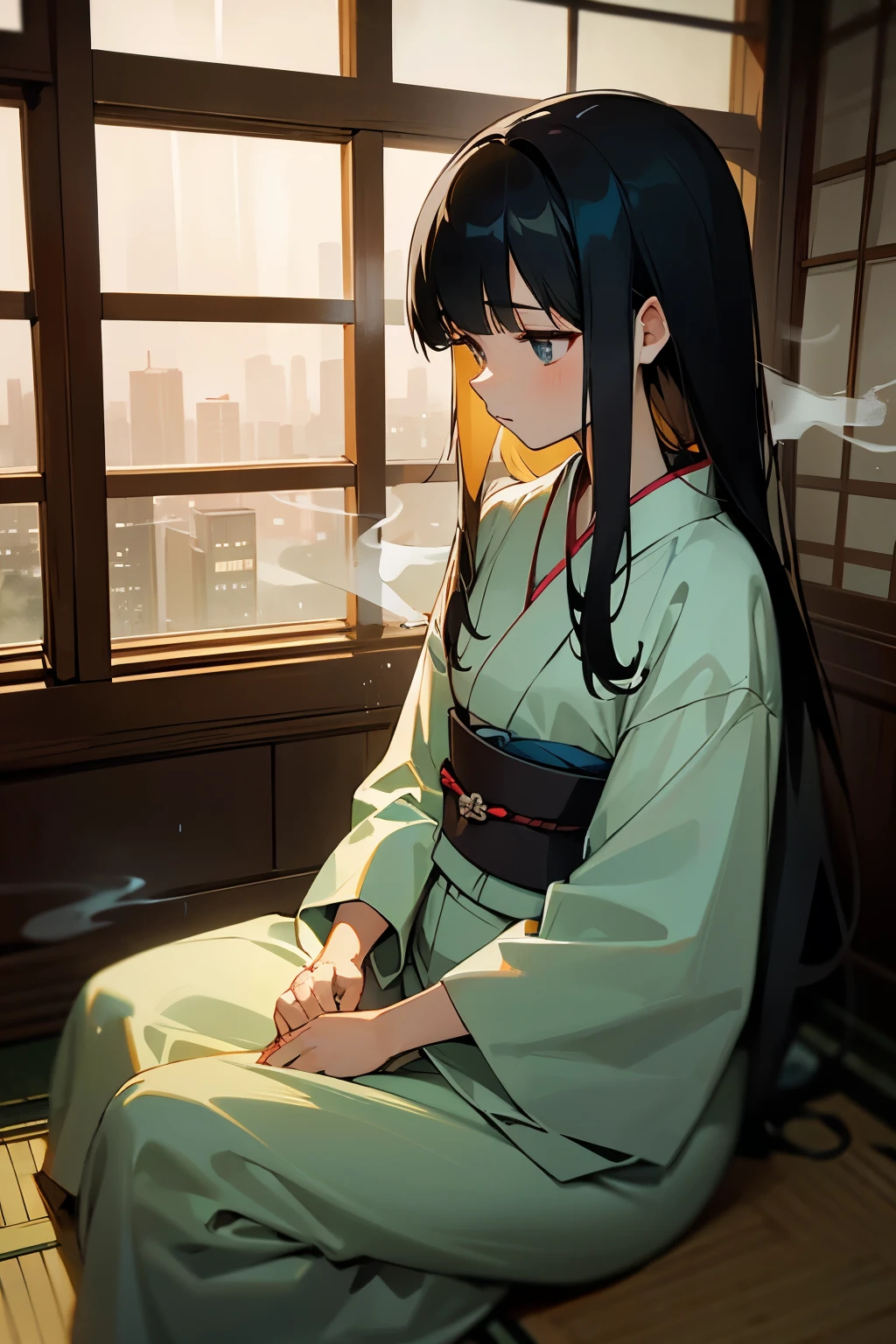 Create a high-quality anime-style image with advanced levels of detail. The scene is supposed to depict a Japanese girl with long black hair., wearing a modern traditional kimono with subtle patterns. She is in her room, sitting near a large window overlooking a rainlit city at night. The girl is smoking a cigarette, with the smoke gently mixing with the humid ambient air. Lighting should be soft and natural, with the glow of the city lights reflecting off the raindrops on the window. The room should be decorated in a minimalist way, with some traditional Japanese elements such as tatami mats and a small bookcase. The girl's expression should be thoughtful and introspective, capturing a moment of contemplation while watching the rain fall.