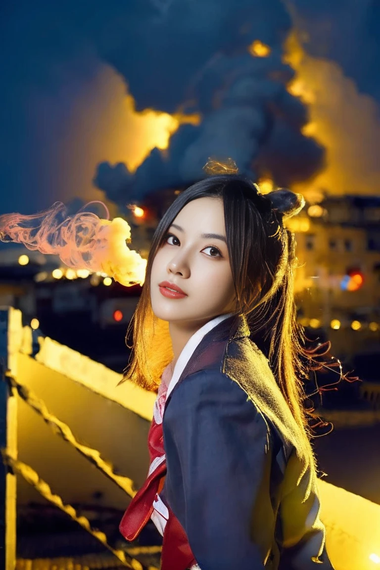 Portrait photography of a high school girl in a lmai Shiranui  uniform with bangs and long hair, looking at the camera, surrounded by colorful smoke of fluorescent clouds in the style of soft lighting, dreamy atmosphere, pink tones, and a charming expression --ar 3:4 --stylize 750 --v 6.1