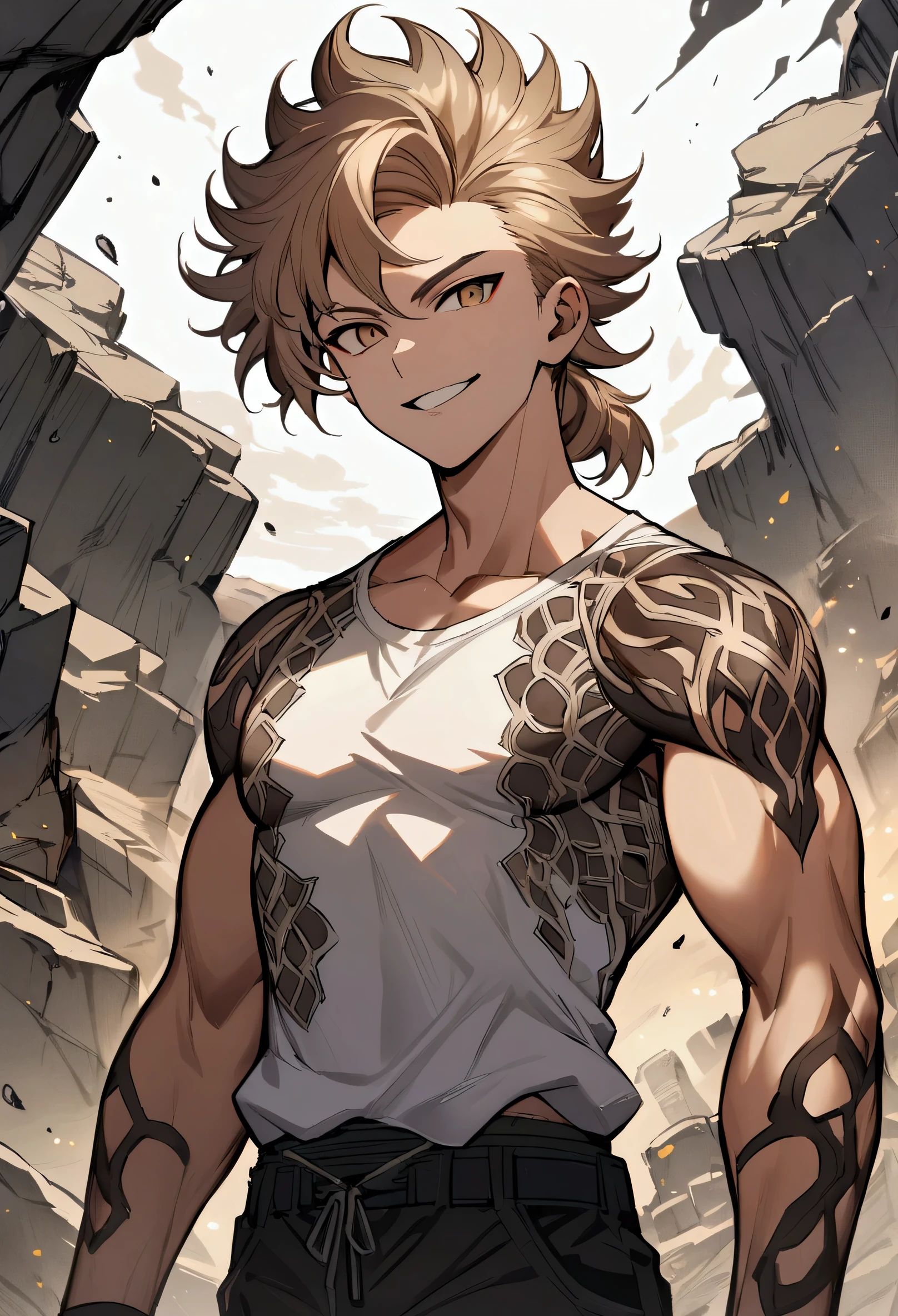 teenage boy, hair combed up, medium length hair, multicolored black and light brown hair, Light brown eyes, confident grin, brown tattoos on the body, chest and muscular arms, ripped casual white shirt, stone aura 