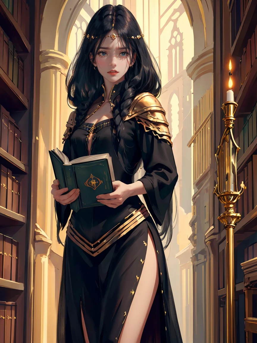 Long dark hair, dark brown eyes, gloss lips, front look, close up, portrait, beautiful gold eyes, druid female, straight hair cut, clear skin, young years girl, adult girl, solo, very long hair, ankle length hair, handsome older WOMAN,Hyperresolution,accuracy,Detailed rendering,(Image of fine hair)(topquality)(Masterpieces of masters)(High degree of completeness)(A sense of atmosphere)tmasterpiece,Super detailed and super detailed(((half-body portrait))(((Monocle)))(((Dark academia)))((((Librarian)))(((SOPHISTICATED)))(((bOOK NERD)))